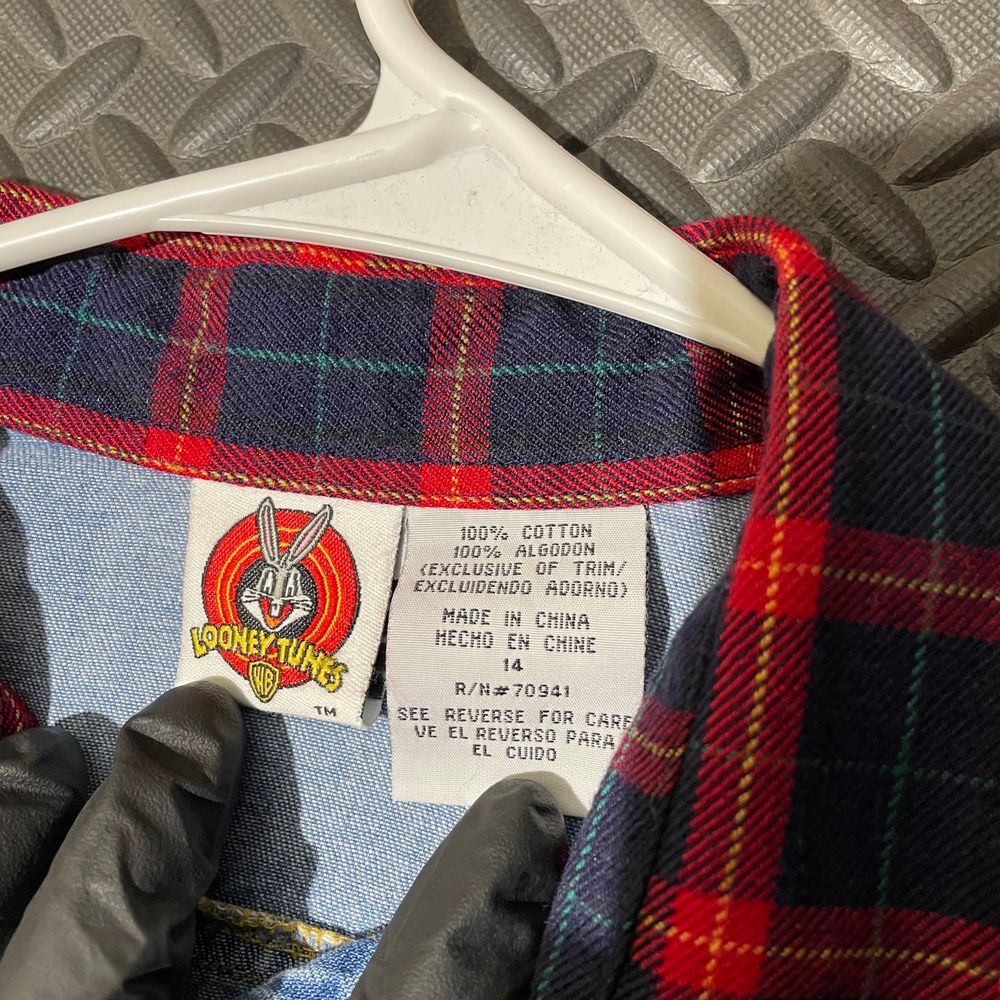 Warner Bros. Tweety Light Blue Denim Button-Down Shirt Red Plaid Collar Floral - Picture 3 of 6